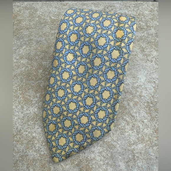 Hermes Silk Geometric Patterned Tie in Blue and Yellow